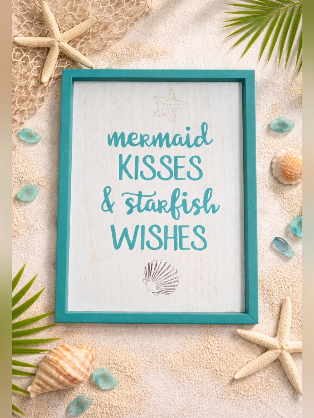 Mermaid Kisses & Starfish Wishes Wood Wall Sign 14x10 Coastal Beach Decor